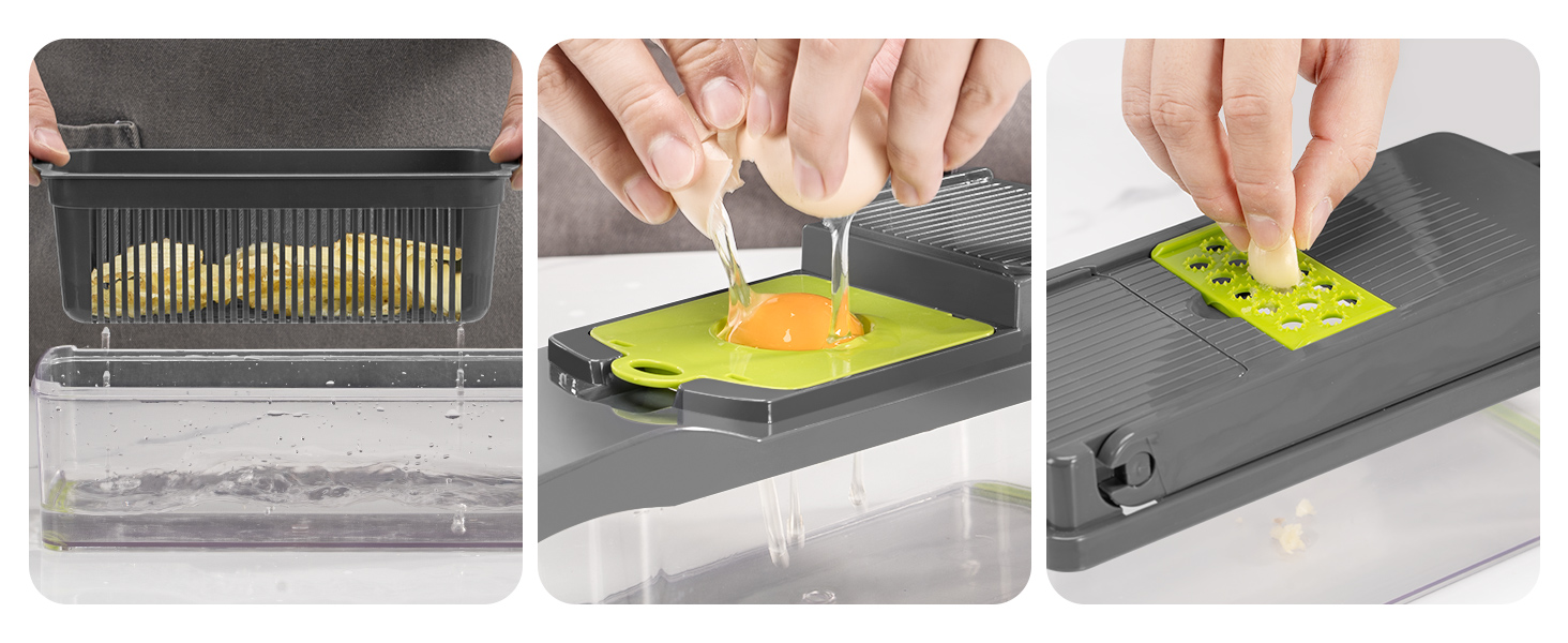KEOUKE Vegetable Chopper Mandoline Slicer Grey - 12 in 1 Interchangeable Blades Food Chopper with Container, Hand Guard & Drainer, Veggie Dicer Kitchen Gadget for Onion, Cucumber, Tomato, Fruit detail 9