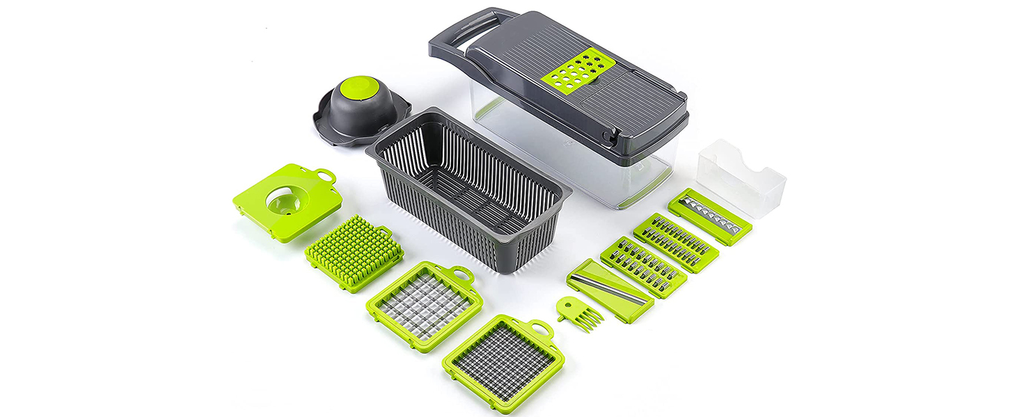 KEOUKE Vegetable Chopper Mandoline Slicer Grey - 12 in 1 Interchangeable Blades Food Chopper with Container, Hand Guard & Drainer, Veggie Dicer Kitchen Gadget for Onion, Cucumber, Tomato, Fruit detail 10