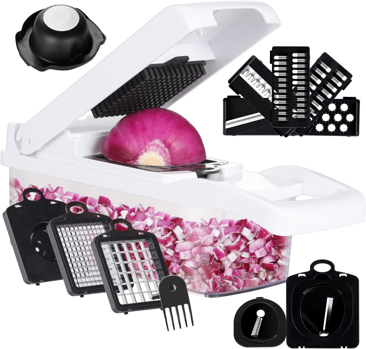 KEOUKE Vegetable Chopper Mandoline Slicer Grey - 12 in 1 Interchangeable Blades Food Chopper with Container, Hand Guard & Drainer, Veggie Dicer Kitchen Gadget for Onion, Cucumber, Tomato, Fruit detail 12