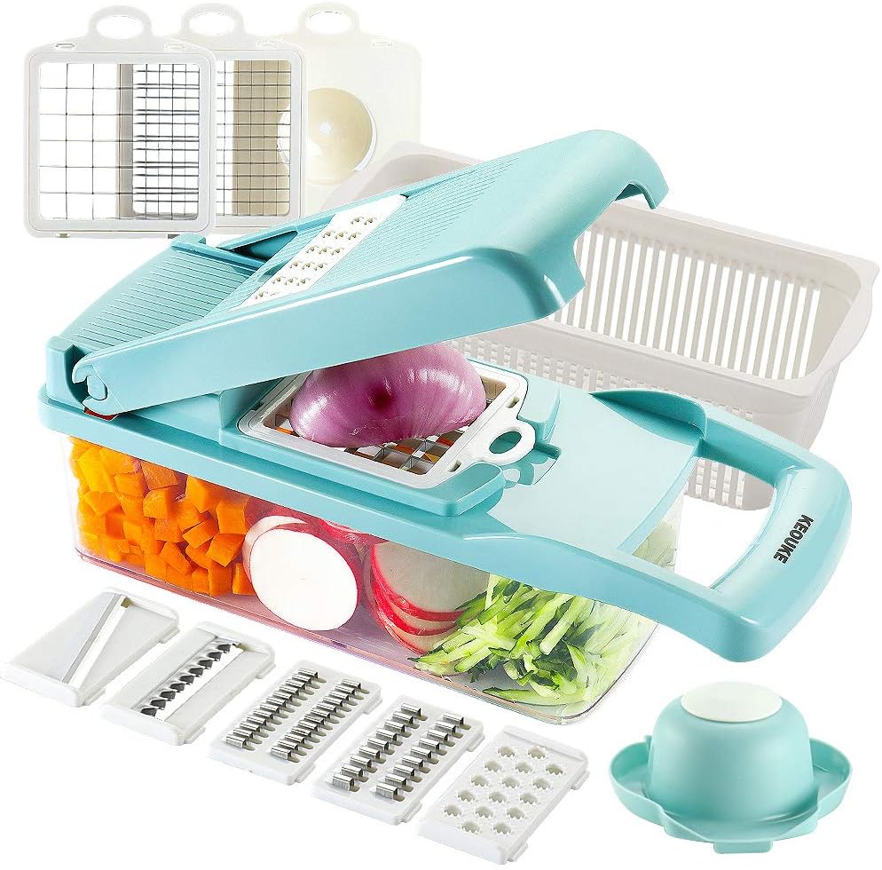 KEOUKE Vegetable Chopper Mandoline Slicer Grey - 12 in 1 Interchangeable Blades Food Chopper with Container, Hand Guard & Drainer, Veggie Dicer Kitchen Gadget for Onion, Cucumber, Tomato, Fruit detail 13