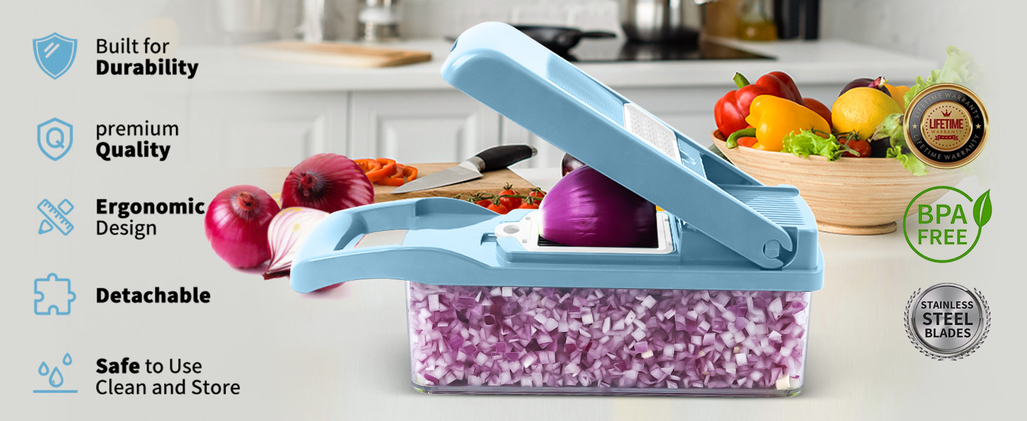 MAIPOR Vegetable Chopper Pro, Multifunctional 13 in 1 Food Chopper, Kitchen Vegetable Slicer Dicer Cutter With 8 Blades for Onion Carrot and Garlic With Container (Blue) detail 2