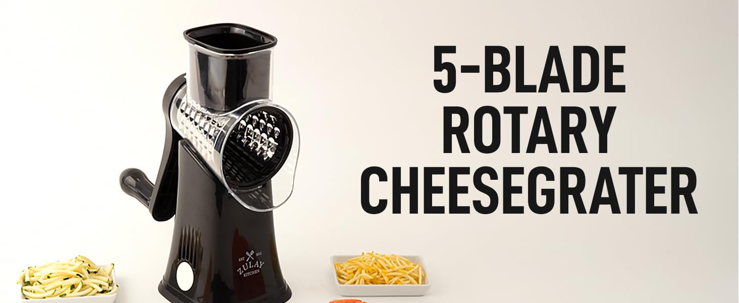 Zulay Kitchen Rotary Cheese Grater 5 Blade Cheese Shredder - Manual Hand Crank Cheese Grater With Reinforced Suction & 5 Interchangeable Drums - Easy to Use, Vegetable Chopper Round Mandoline Slicer detail 1