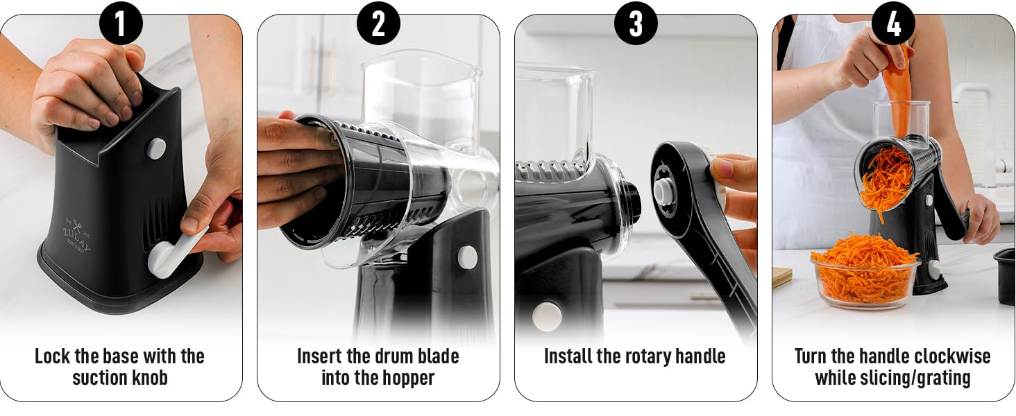 Zulay Kitchen Rotary Cheese Grater 5 Blade Cheese Shredder - Manual Hand Crank Cheese Grater With Reinforced Suction & 5 Interchangeable Drums - Easy to Use, Vegetable Chopper Round Mandoline Slicer detail 9
