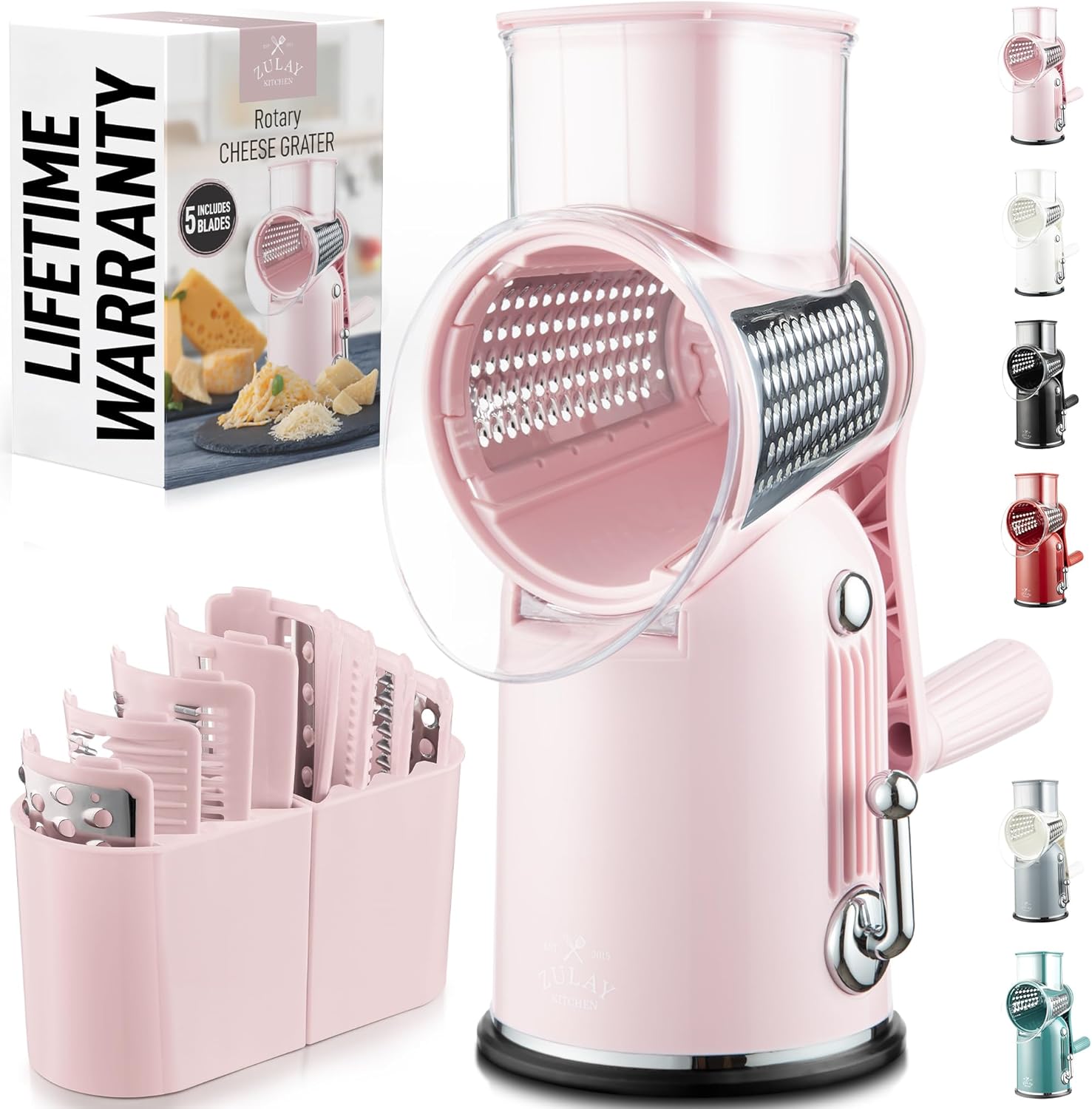 Zulay Kitchen Rotary Cheese Grater 5 Blade Cheese Shredder - Manual Hand Crank Cheese Grater With Reinforced Suction & 5 Interchangeable Drums - Easy to Use, Vegetable Chopper Round Mandoline Slicer detail 14