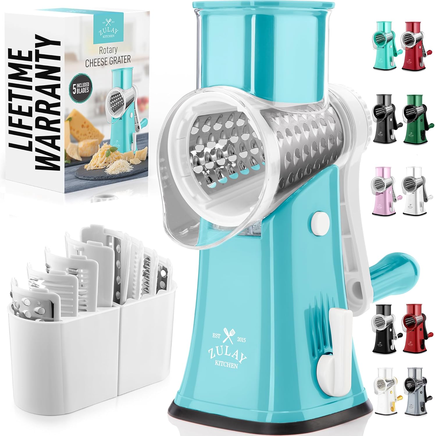 Zulay Kitchen Rotary Cheese Grater 5 Blade Cheese Shredder - Manual Hand Crank Cheese Grater With Reinforced Suction & 5 Interchangeable Drums - Easy to Use, Vegetable Chopper Round Mandoline Slicer detail 15