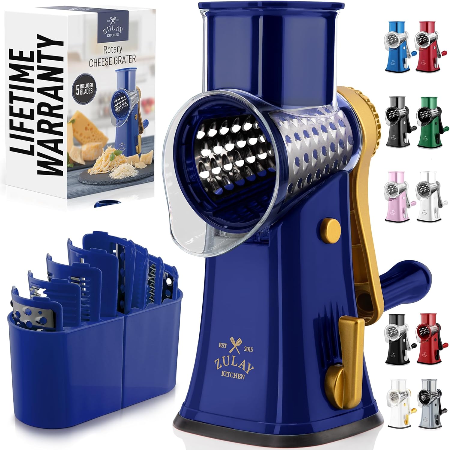 Zulay Kitchen Rotary Cheese Grater 5 Blade Cheese Shredder - Manual Hand Crank Cheese Grater With Reinforced Suction & 5 Interchangeable Drums - Easy to Use, Vegetable Chopper Round Mandoline Slicer detail 16