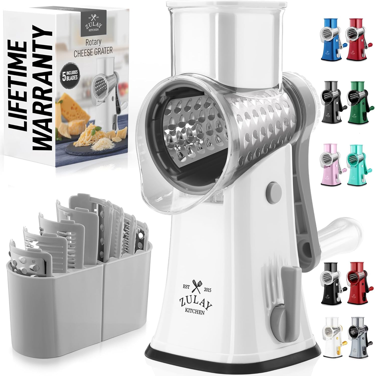 Zulay Kitchen Rotary Cheese Grater 5 Blade Cheese Shredder - Manual Hand Crank Cheese Grater With Reinforced Suction & 5 Interchangeable Drums - Easy to Use, Vegetable Chopper Round Mandoline Slicer detail 17