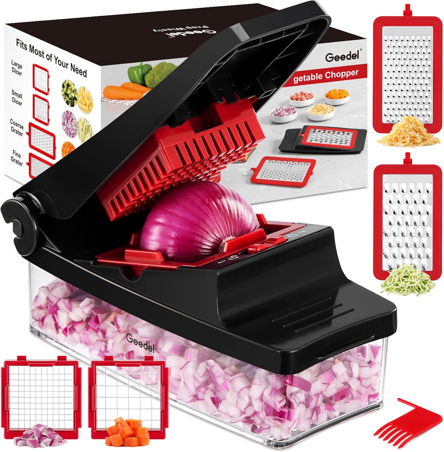 Geedel Vegetable Chopper, Onion Chopper Pro Food Chopper, Kitchen Vegetable Slicer Dicer Cutter Grater, Veggie Chopper with container for Salad Onion Potato Carrot (4 in 1, Red) detail 13