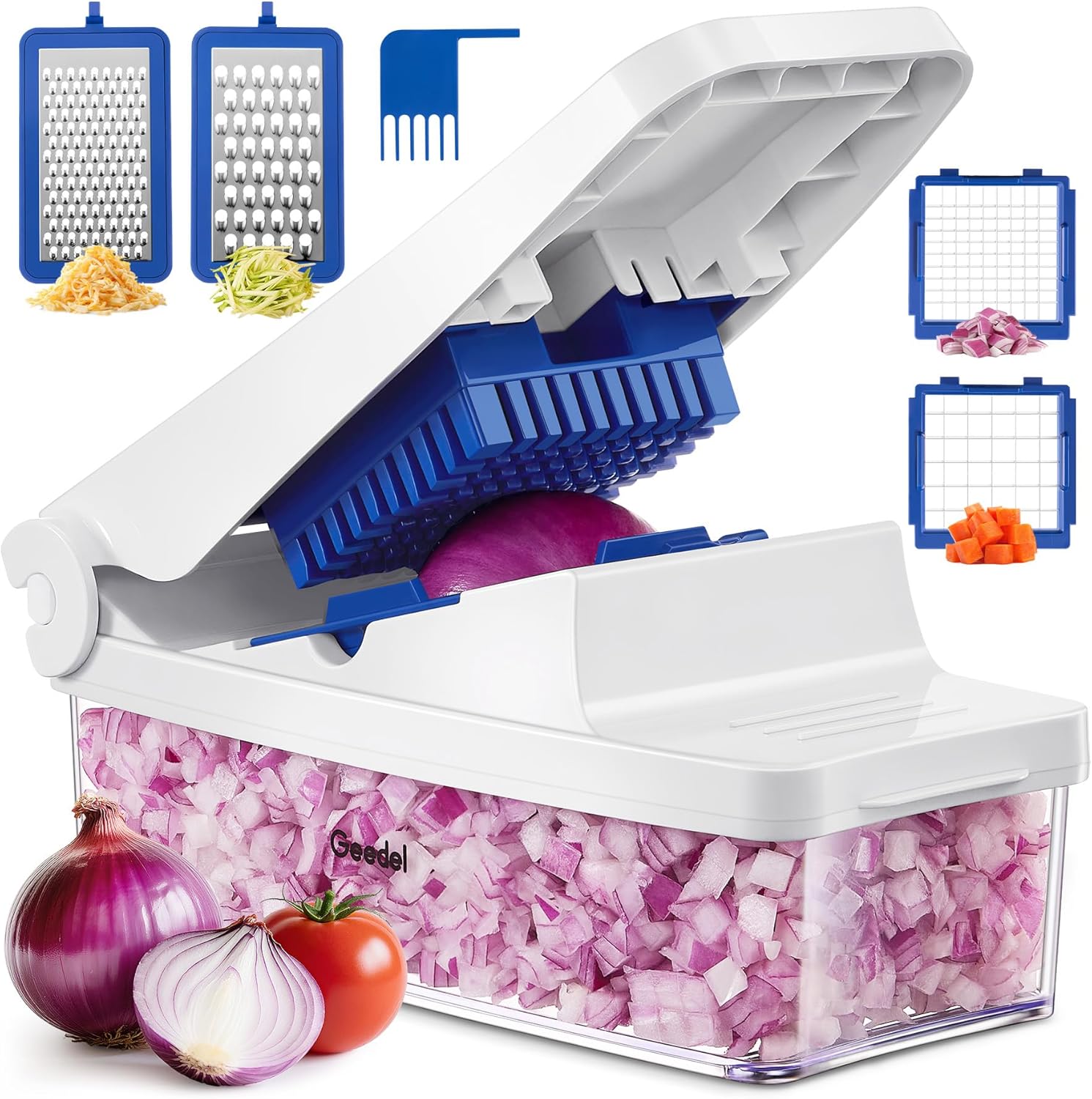 Geedel Vegetable Chopper, Onion Chopper Pro Food Chopper, Kitchen Vegetable Slicer Dicer Cutter Grater, Veggie Chopper with container for Salad Onion Potato Carrot (4 in 1, Red) detail 15