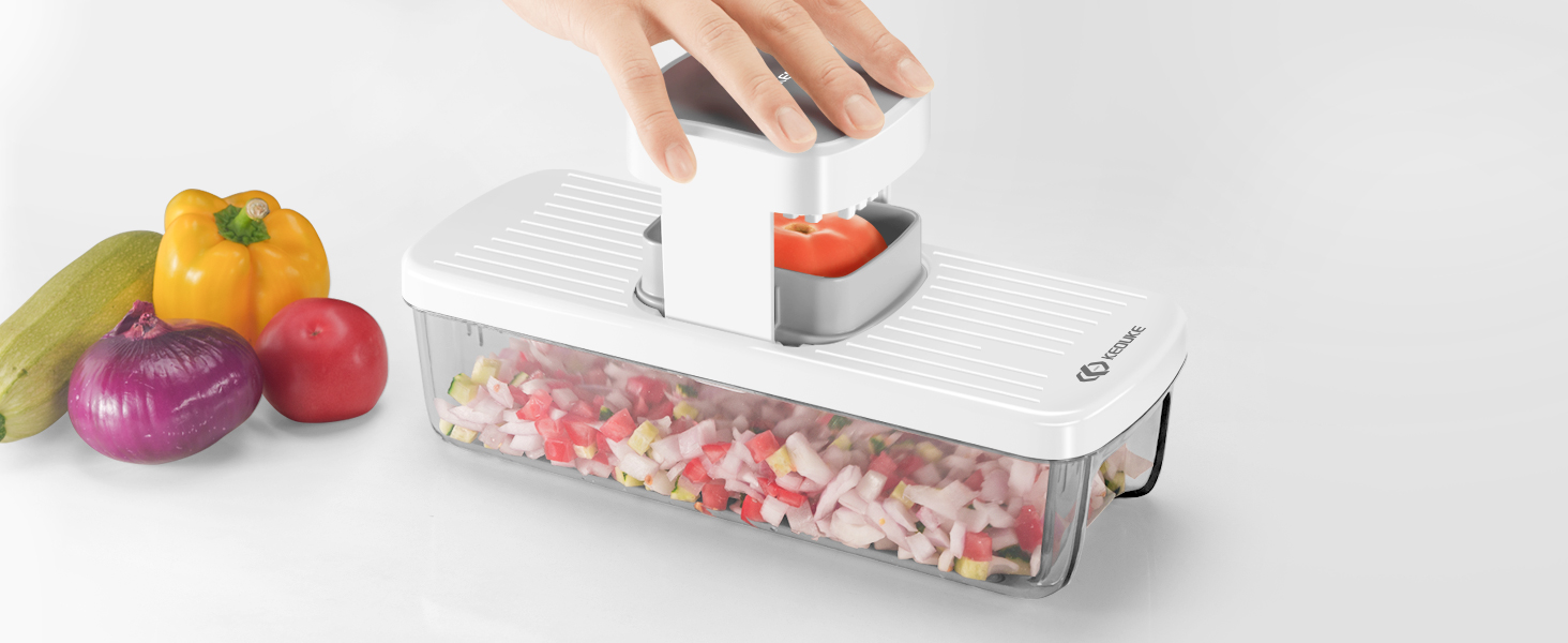 KEOUKE 8-in-1 Vertical Vegetable Chopper Mandoline Slicer with Container White - Safe Tap Out Dicer with Hand Guard for Kitchen Easy Food Prep, Onion Potato Veggie Fruit detail 3