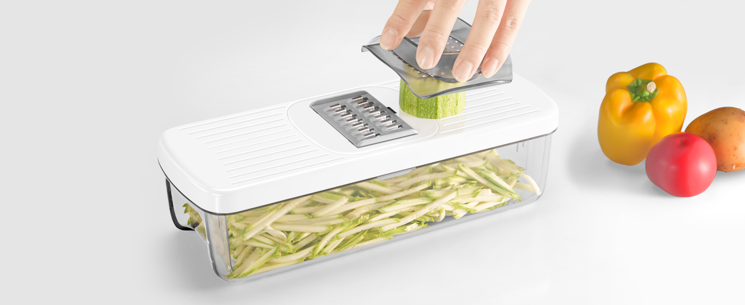 KEOUKE 8-in-1 Vertical Vegetable Chopper Mandoline Slicer with Container White - Safe Tap Out Dicer with Hand Guard for Kitchen Easy Food Prep, Onion Potato Veggie Fruit detail 4