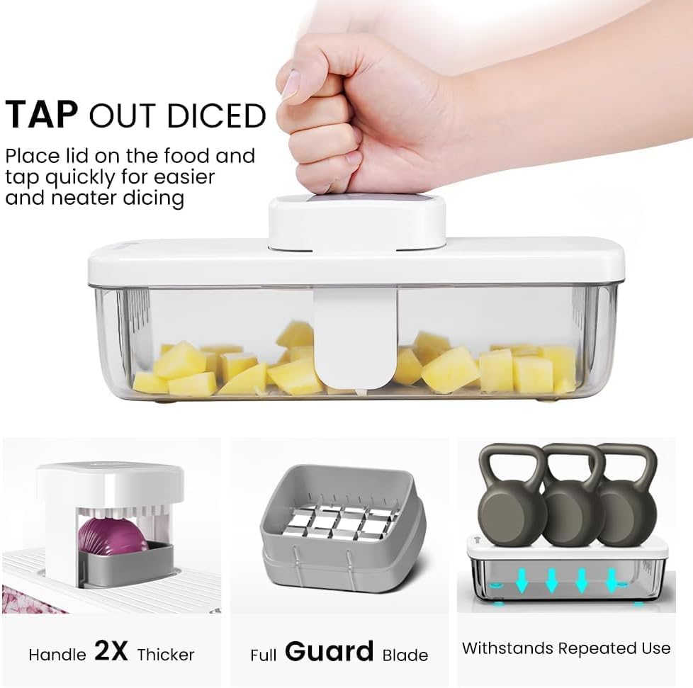 KEOUKE 8-in-1 Vertical Vegetable Chopper Mandoline Slicer with Container White - Safe Tap Out Dicer with Hand Guard for Kitchen Easy Food Prep, Onion Potato Veggie Fruit detail 14