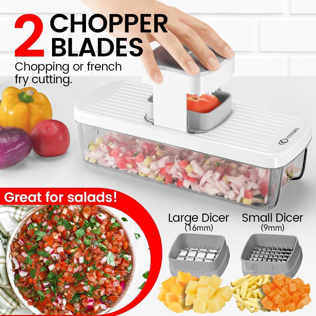 KEOUKE 8-in-1 Vertical Vegetable Chopper Mandoline Slicer with Container White - Safe Tap Out Dicer with Hand Guard for Kitchen Easy Food Prep, Onion Potato Veggie Fruit detail 16