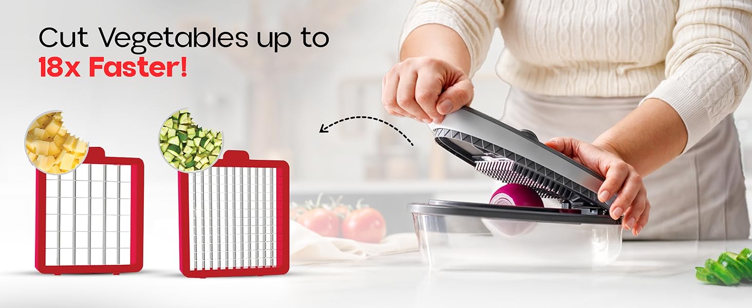 Vegetable Chopper and Mandoline Slicer with Container, CHOPZILLA 4 Stainless Steel Blades, BPA-Free Onion Dicer, Veggie Chopper, French Fry Cutter, Fruit Salad Potato Food Slicer and Dicer, Pink detail 2
