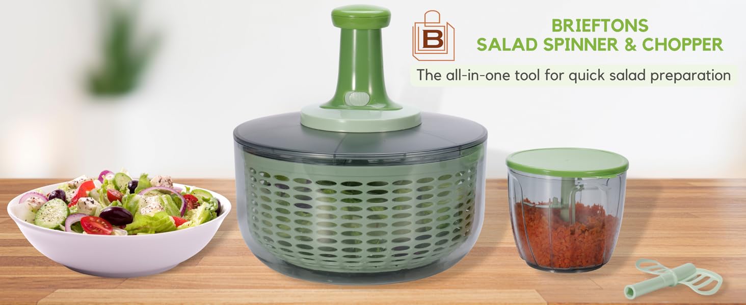 Brieftons Salad Spinner and Chopper: Large 6.3-Quart Lettuce Greens Vegetable Washer Dryer, with Bonus 0.95-Quart Veggie Chopper Mixer, Compact Storage, Easy Push Operation for Quick Veggie Prepping detail 1