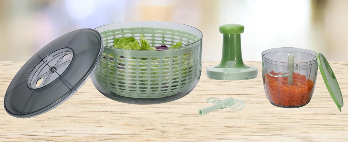 Brieftons Salad Spinner and Chopper: Large 6.3-Quart Lettuce Greens Vegetable Washer Dryer, with Bonus 0.95-Quart Veggie Chopper Mixer, Compact Storage, Easy Push Operation for Quick Veggie Prepping detail 4