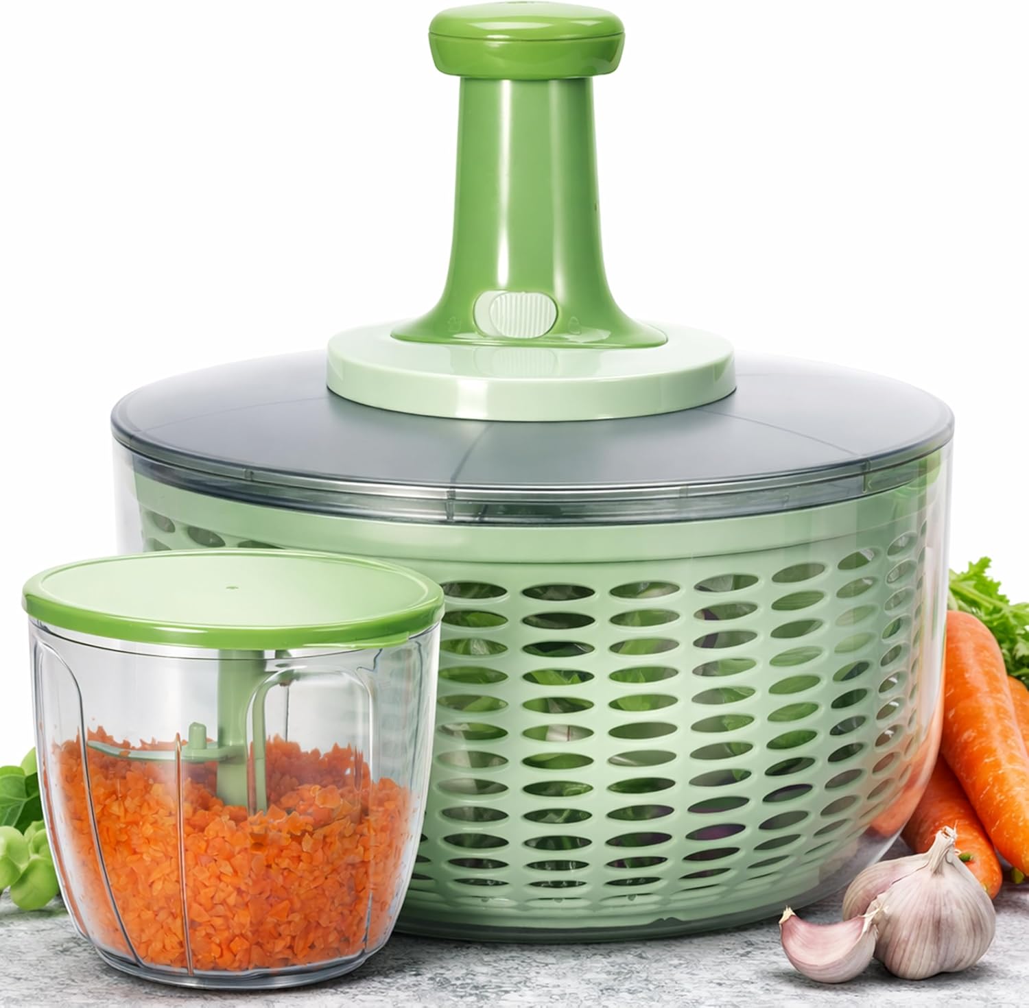 Brieftons Salad Spinner and Chopper: Large 6.3-Quart Lettuce Greens Vegetable Washer Dryer, with Bonus 0.95-Quart Veggie Chopper Mixer, Compact Storage, Easy Push Operation for Quick Veggie Prepping detail 14