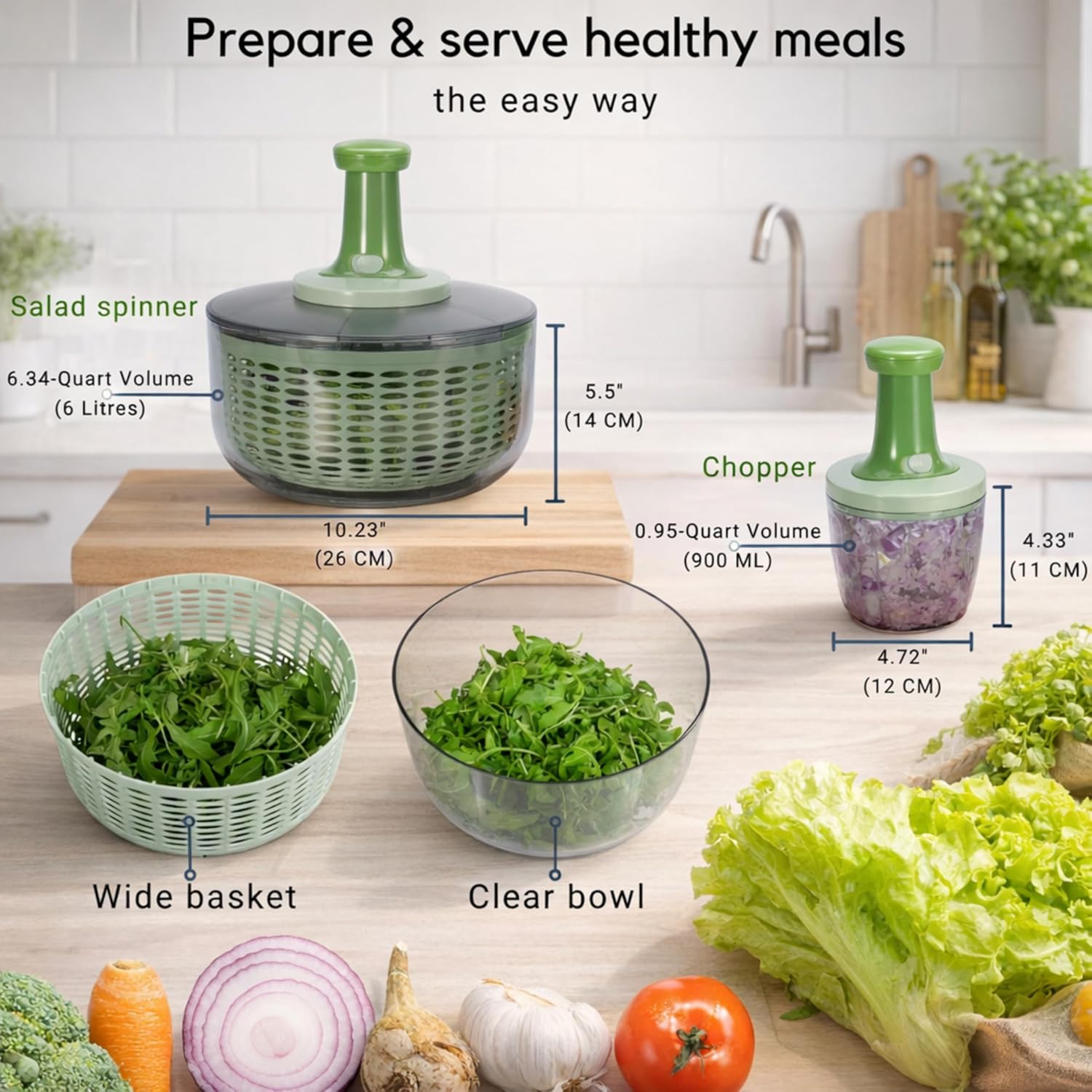 Brieftons Salad Spinner and Chopper: Large 6.3-Quart Lettuce Greens Vegetable Washer Dryer, with Bonus 0.95-Quart Veggie Chopper Mixer, Compact Storage, Easy Push Operation for Quick Veggie Prepping detail 16