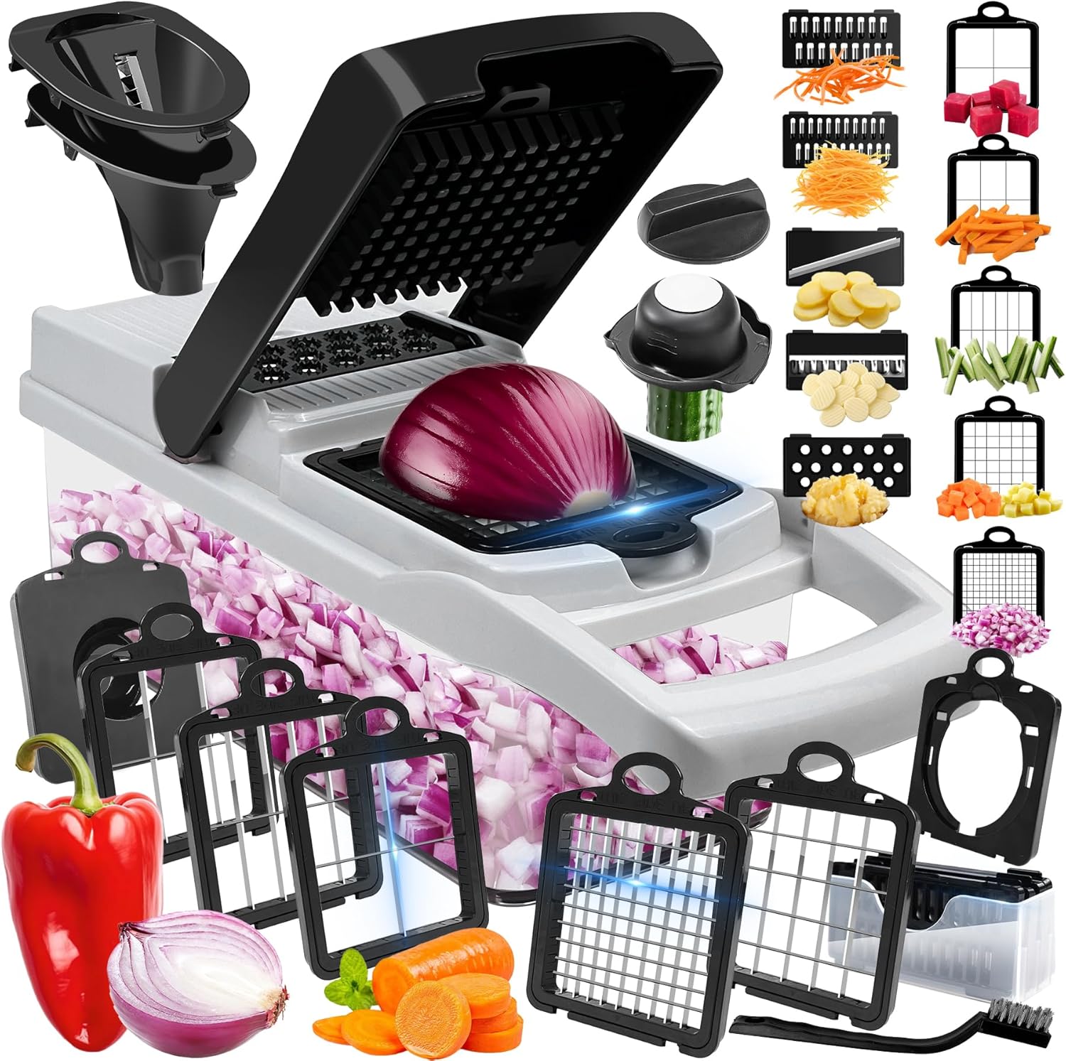 Vegetable Chopper, 10 Blades Slicer Onion Dicer, Multi 23-in-1 Veggie Mandoline Food Cutter for Tomato Fruit, Vegetable cutter with Hand Protector, Egg Separator & Slicer, Container(Black) detail 8