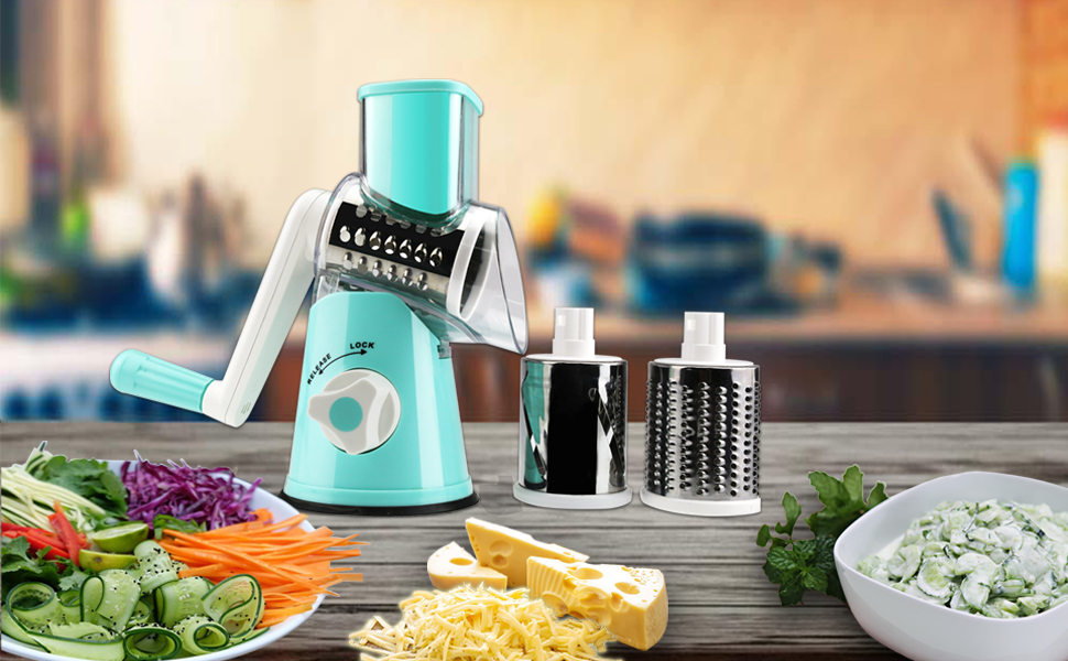Round Mandoline Drum Slicer Rotary Cheese Grater Veggie Slicer Vegetable Carrot Shredder Nut Chopper Blue detail 2