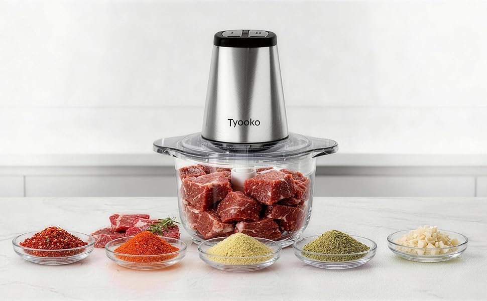 Electric Food Processor Vegetable Chopper, Easy Clean Meat Grinder with 2 Bowls (8 Cup Stainless Steel+8 Cup Glass), Small Food Mixer for Fruits/Meat/Nuts/Fish/Veggie/Pet Food/Baby Food detail 1
