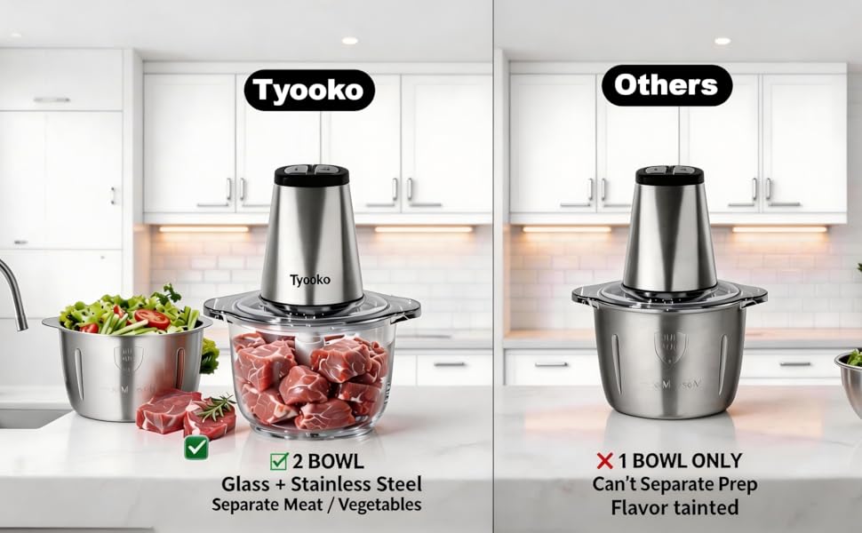 Electric Food Processor Vegetable Chopper, Easy Clean Meat Grinder with 2 Bowls (8 Cup Stainless Steel+8 Cup Glass), Small Food Mixer for Fruits/Meat/Nuts/Fish/Veggie/Pet Food/Baby Food detail 4