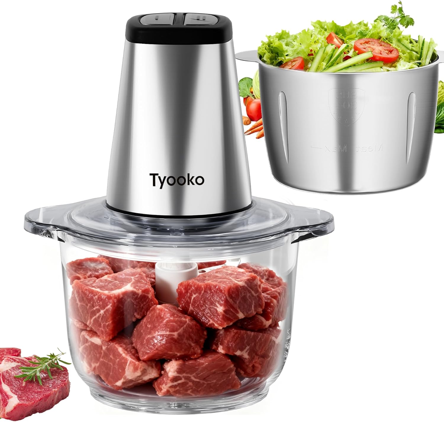 Electric Food Processor Vegetable Chopper, Easy Clean Meat Grinder with 2 Bowls (8 Cup Stainless Steel+8 Cup Glass), Small Food Mixer for Fruits/Meat/Nuts/Fish/Veggie/Pet Food/Baby Food detail 8