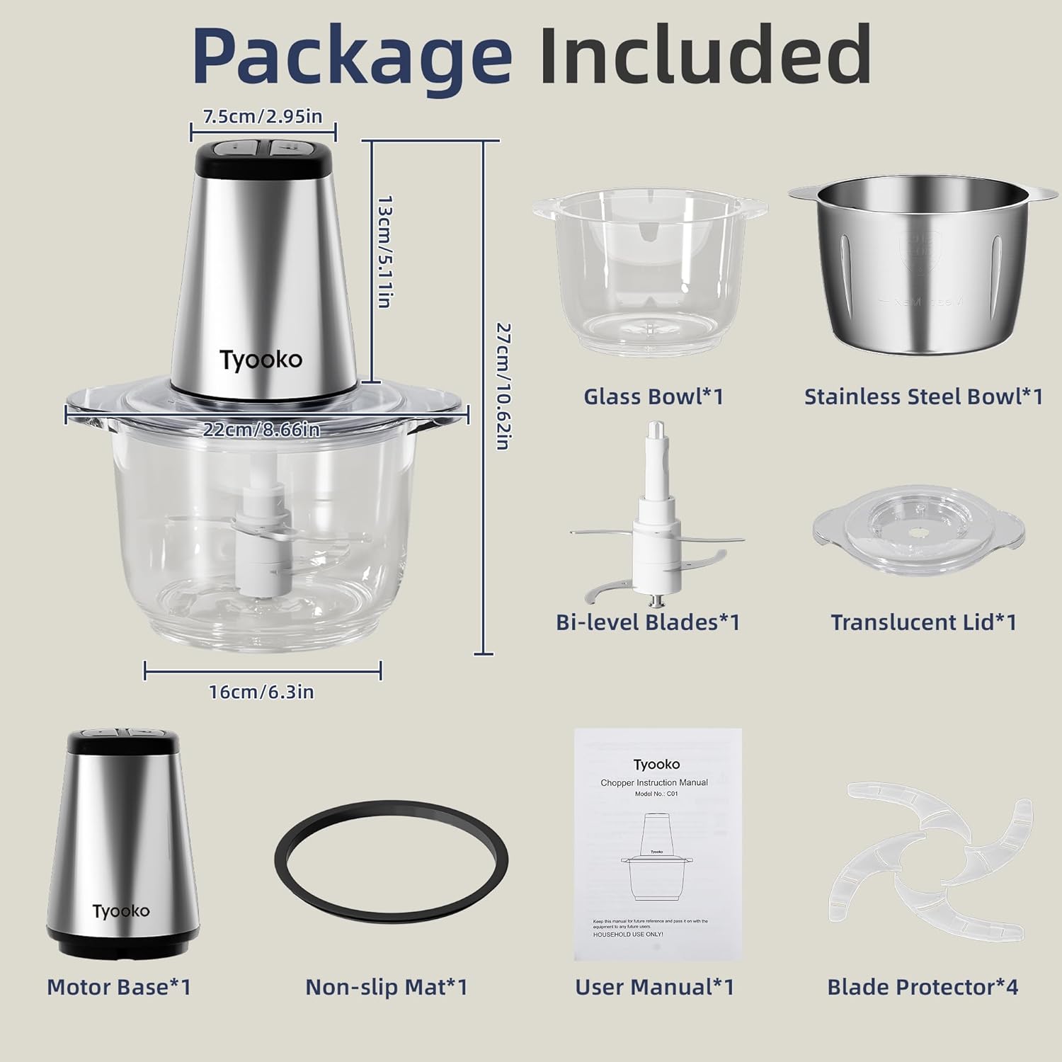 Electric Food Processor Vegetable Chopper, Easy Clean Meat Grinder with 2 Bowls (8 Cup Stainless Steel+8 Cup Glass), Small Food Mixer for Fruits/Meat/Nuts/Fish/Veggie/Pet Food/Baby Food detail 9
