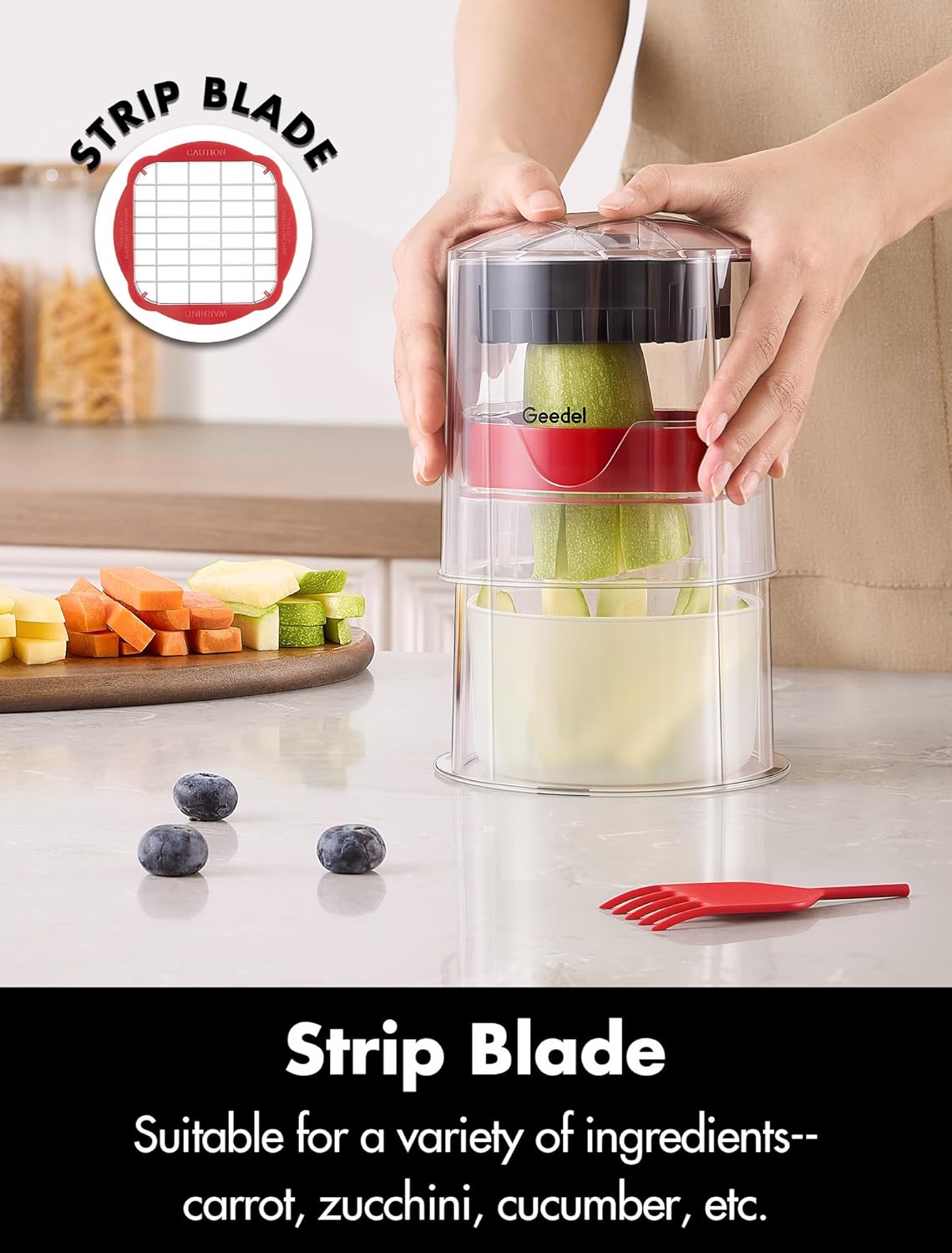 French Fry Cutter, Professional Home Style Onion Chopper, Vegetable Chopper Dicer Manual, Easy to Clean, Ultra Sharp Blades Thick-Strip Fry Cutter Apple Slicer and Corer, 3 Blades detail 6
