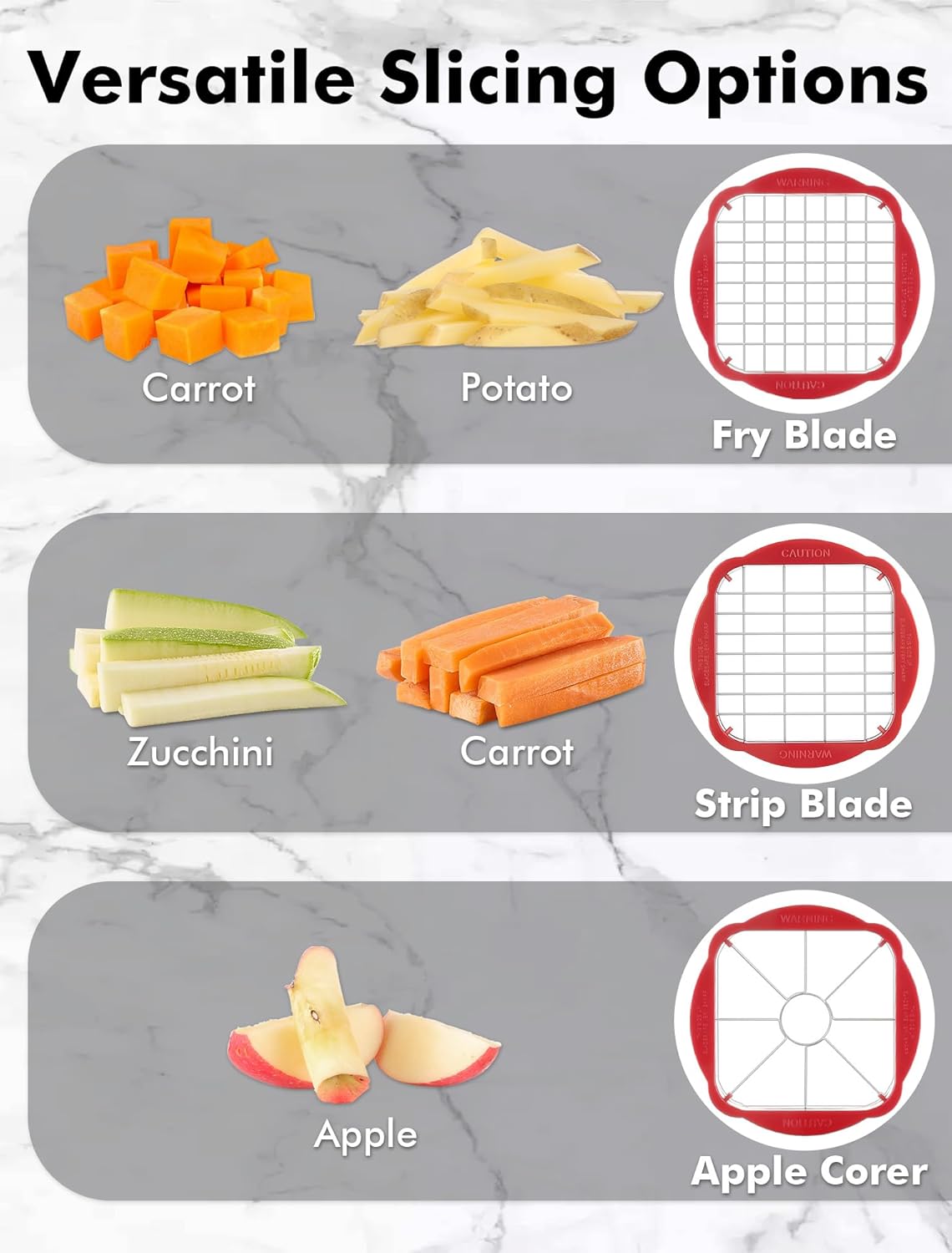 French Fry Cutter, Professional Home Style Onion Chopper, Vegetable Chopper Dicer Manual, Easy to Clean, Ultra Sharp Blades Thick-Strip Fry Cutter Apple Slicer and Corer, 3 Blades detail 9