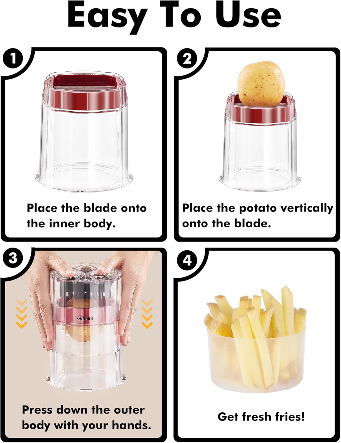 French Fry Cutter, Professional Home Style Onion Chopper, Vegetable Chopper Dicer Manual, Easy to Clean, Ultra Sharp Blades Thick-Strip Fry Cutter Apple Slicer and Corer, 3 Blades detail 10