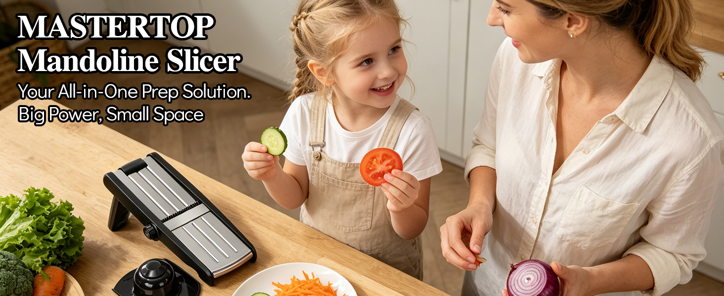 MASTERTOP Mandoline Slicer, 5 in 1 Mandoline Food Slicer for Kitchen,Stainless Steel Mini Vegetable Slicer with Safety Glove & Cleaning Brush,Adjustable Vegetable Chopper for Potatoes detail 1