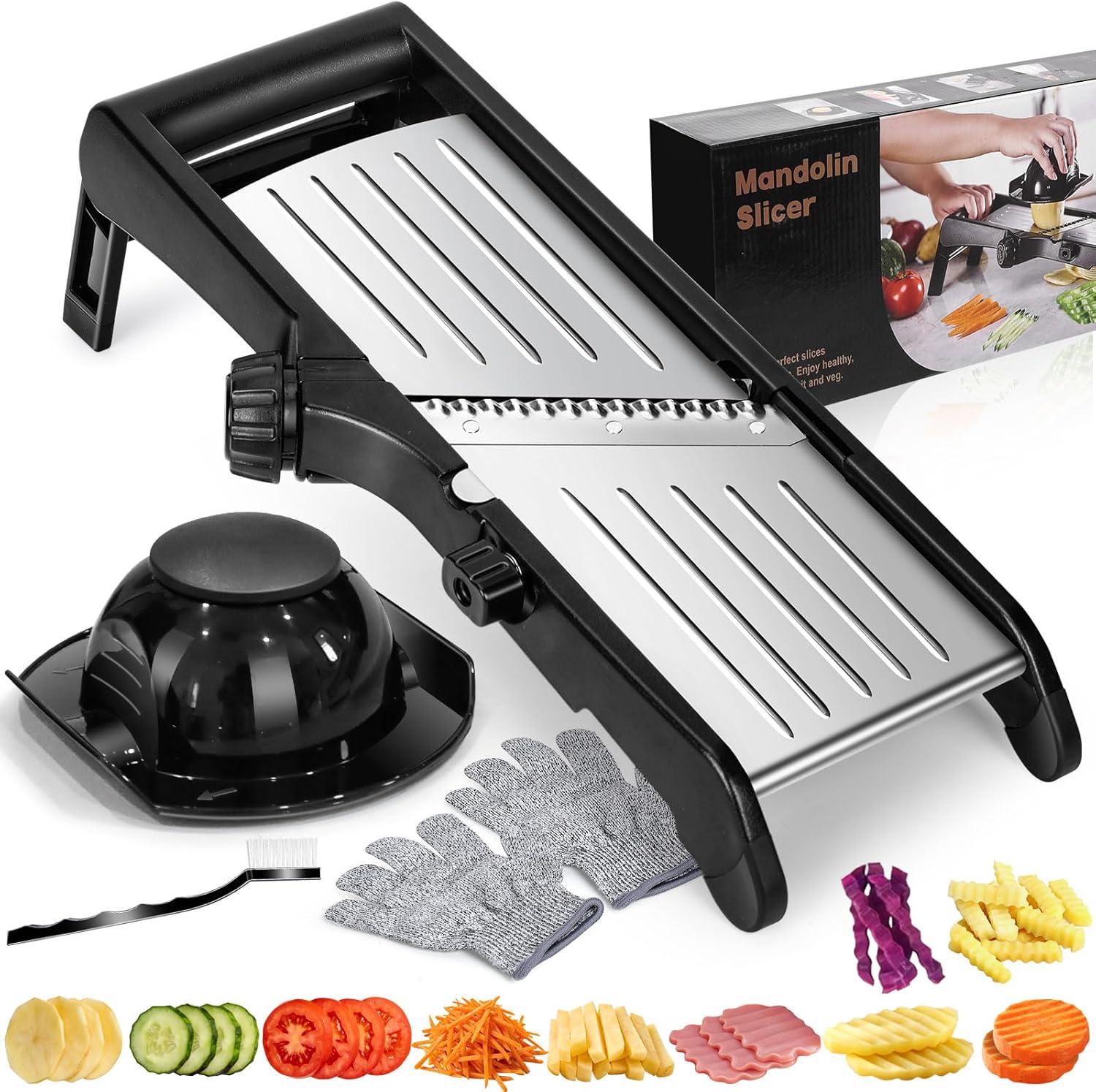 MASTERTOP Mandoline Slicer, 5 in 1 Mandoline Food Slicer for Kitchen,Stainless Steel Mini Vegetable Slicer with Safety Glove & Cleaning Brush,Adjustable Vegetable Chopper for Potatoes detail 13