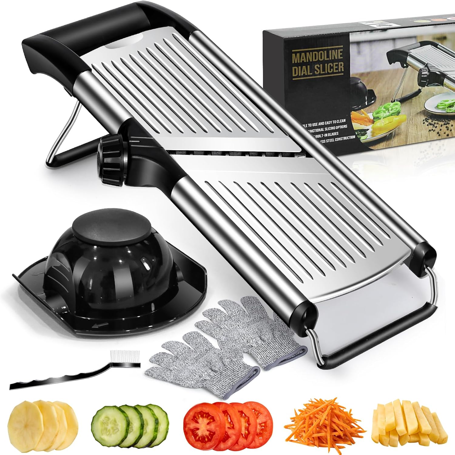 MASTERTOP Mandoline Slicer, 5 in 1 Mandoline Food Slicer for Kitchen,Stainless Steel Mini Vegetable Slicer with Safety Glove & Cleaning Brush,Adjustable Vegetable Chopper for Potatoes detail 14