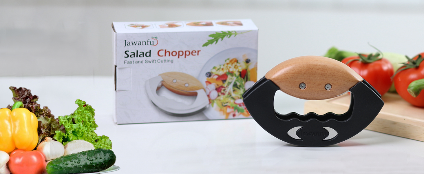 Salad Chopper Tools with Protective Cover, Sharp Mezzaluna Chopping Knife, Double Blade, Stainless Steel Rocker Knife for Salad, Handheld Vegetable Mincing detail 2