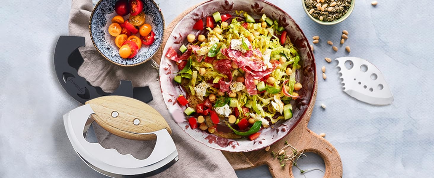 Salad Chopper Tools with Protective Cover, Sharp Mezzaluna Chopping Knife, Double Blade, Stainless Steel Rocker Knife for Salad, Handheld Vegetable Mincing detail 6