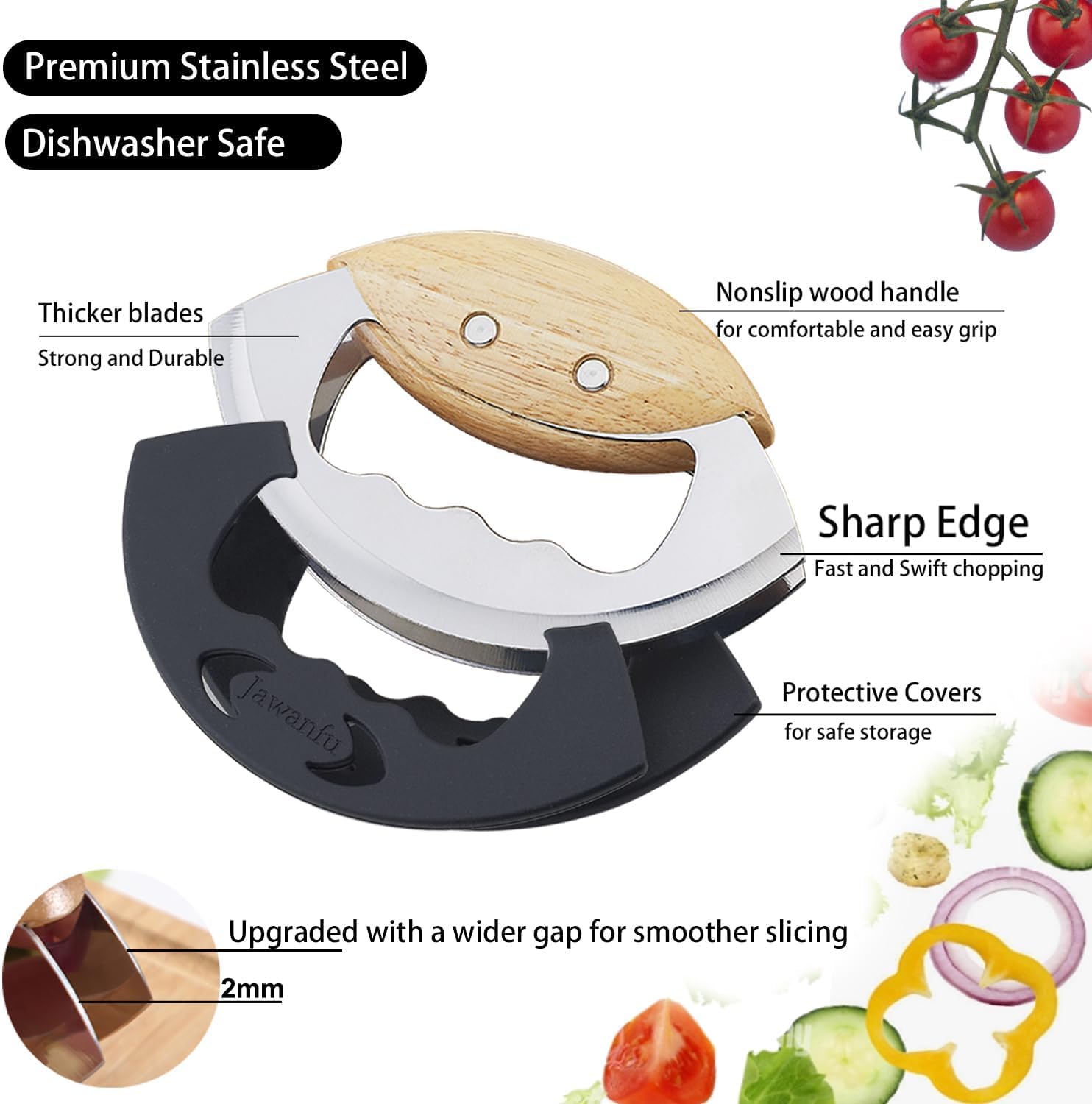 Salad Chopper Tools with Protective Cover, Sharp Mezzaluna Chopping Knife, Double Blade, Stainless Steel Rocker Knife for Salad, Handheld Vegetable Mincing detail 10