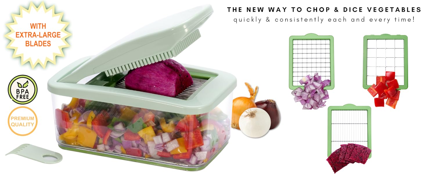 Brieftons QuickPush Food Chopper: Vegetable Dicer Slicer, Onion Cutter, 3 Extra-Large Blades with 200% More Cutting Area to Chop Dice Slice Vegetables, 2.6-Quart Container detail 1