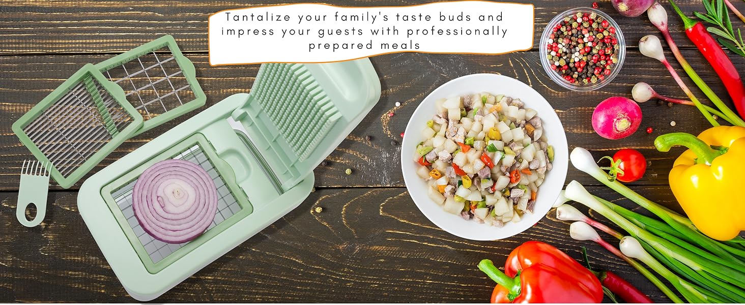 Brieftons QuickPush Food Chopper: Vegetable Dicer Slicer, Onion Cutter, 3 Extra-Large Blades with 200% More Cutting Area to Chop Dice Slice Vegetables, 2.6-Quart Container detail 2