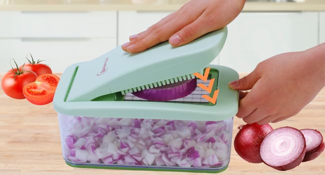 Brieftons QuickPush Food Chopper: Vegetable Dicer Slicer, Onion Cutter, 3 Extra-Large Blades with 200% More Cutting Area to Chop Dice Slice Vegetables, 2.6-Quart Container detail 3