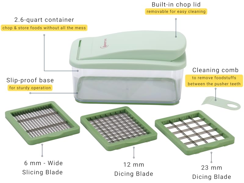 Brieftons QuickPush Food Chopper: Vegetable Dicer Slicer, Onion Cutter, 3 Extra-Large Blades with 200% More Cutting Area to Chop Dice Slice Vegetables, 2.6-Quart Container detail 9