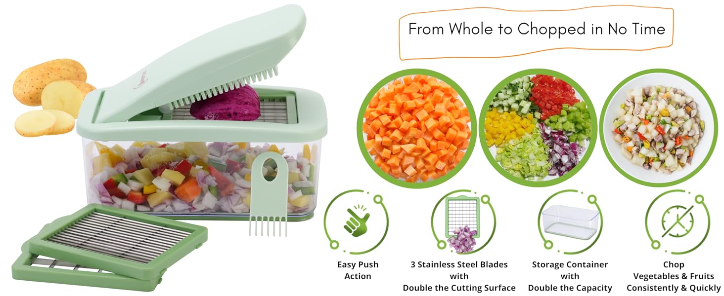 Brieftons QuickPush Food Chopper: Vegetable Dicer Slicer, Onion Cutter, 3 Extra-Large Blades with 200% More Cutting Area to Chop Dice Slice Vegetables, 2.6-Quart Container detail 10