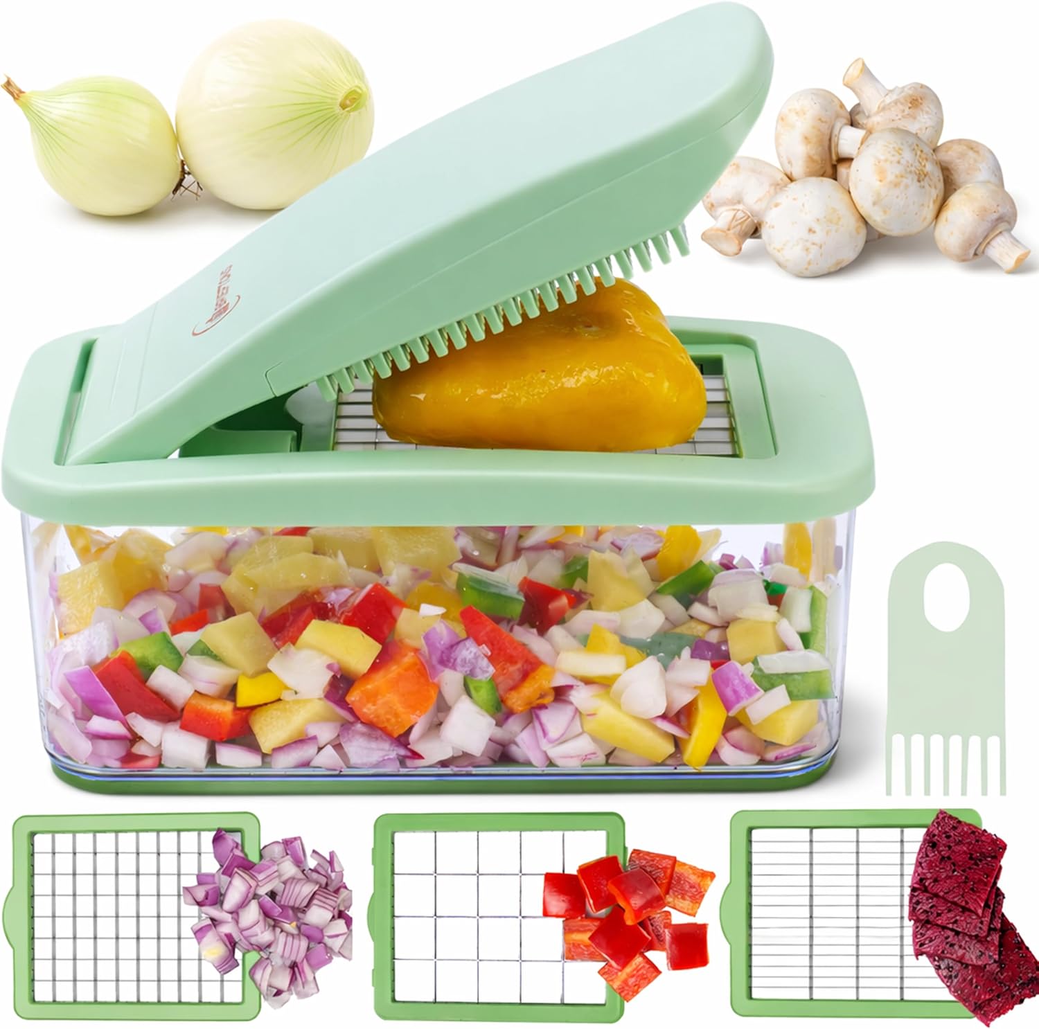 Brieftons QuickPush Food Chopper: Vegetable Dicer Slicer, Onion Cutter, 3 Extra-Large Blades with 200% More Cutting Area to Chop Dice Slice Vegetables, 2.6-Quart Container detail 11