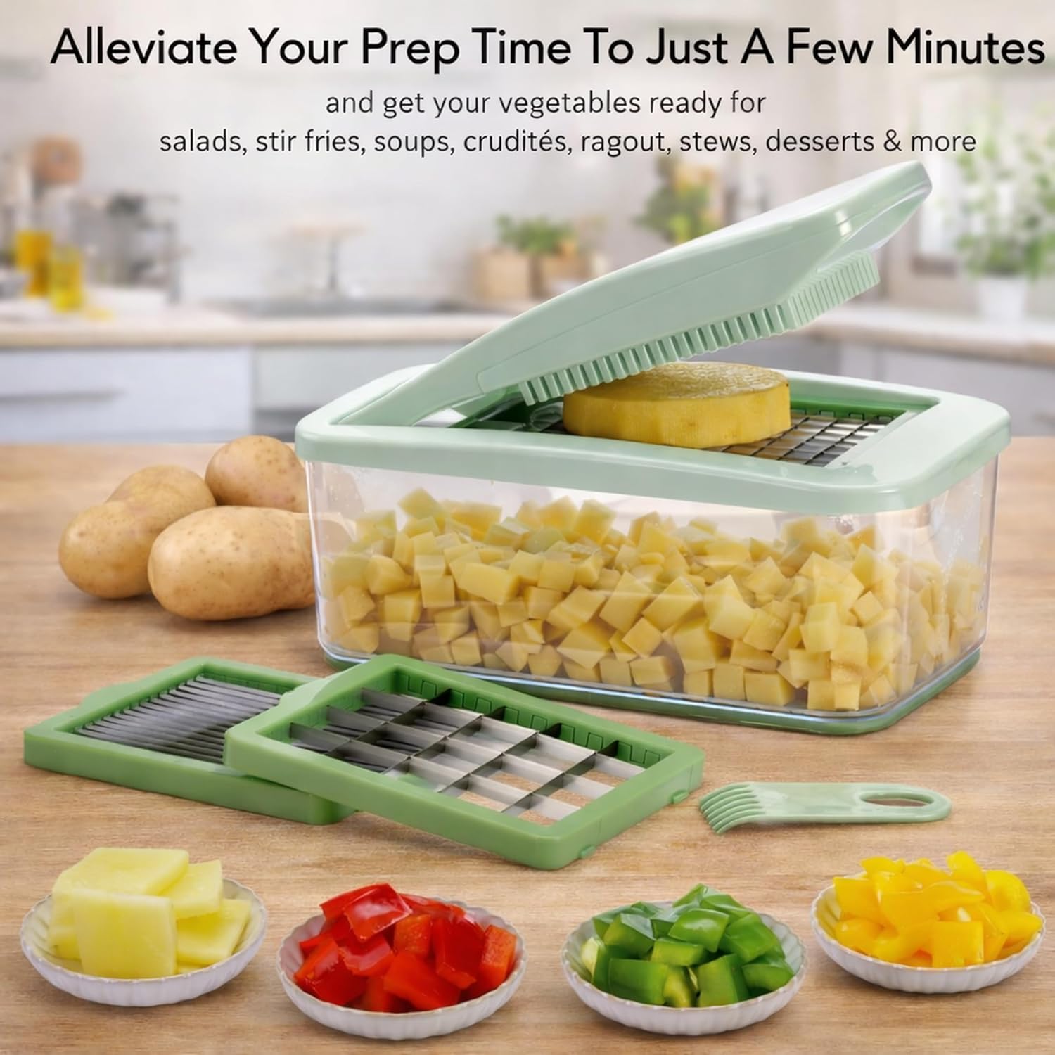 Brieftons QuickPush Food Chopper: Vegetable Dicer Slicer, Onion Cutter, 3 Extra-Large Blades with 200% More Cutting Area to Chop Dice Slice Vegetables, 2.6-Quart Container detail 12