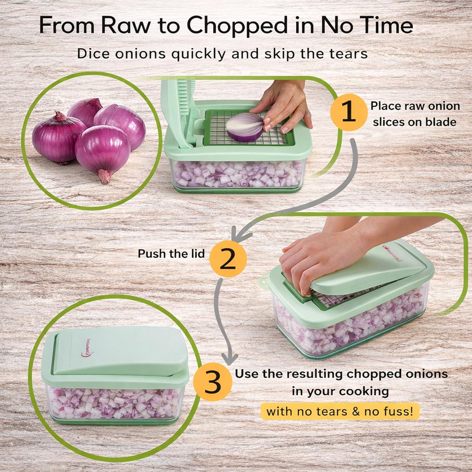 Brieftons QuickPush Food Chopper: Vegetable Dicer Slicer, Onion Cutter, 3 Extra-Large Blades with 200% More Cutting Area to Chop Dice Slice Vegetables, 2.6-Quart Container detail 14