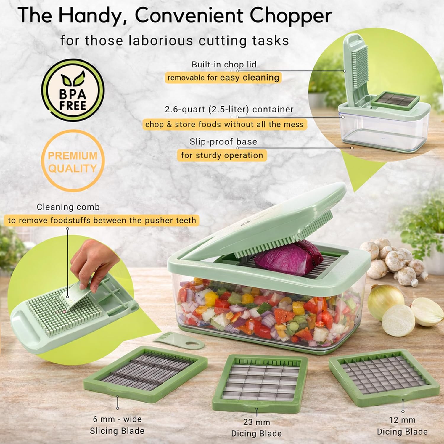 Brieftons QuickPush Food Chopper: Vegetable Dicer Slicer, Onion Cutter, 3 Extra-Large Blades with 200% More Cutting Area to Chop Dice Slice Vegetables, 2.6-Quart Container detail 16
