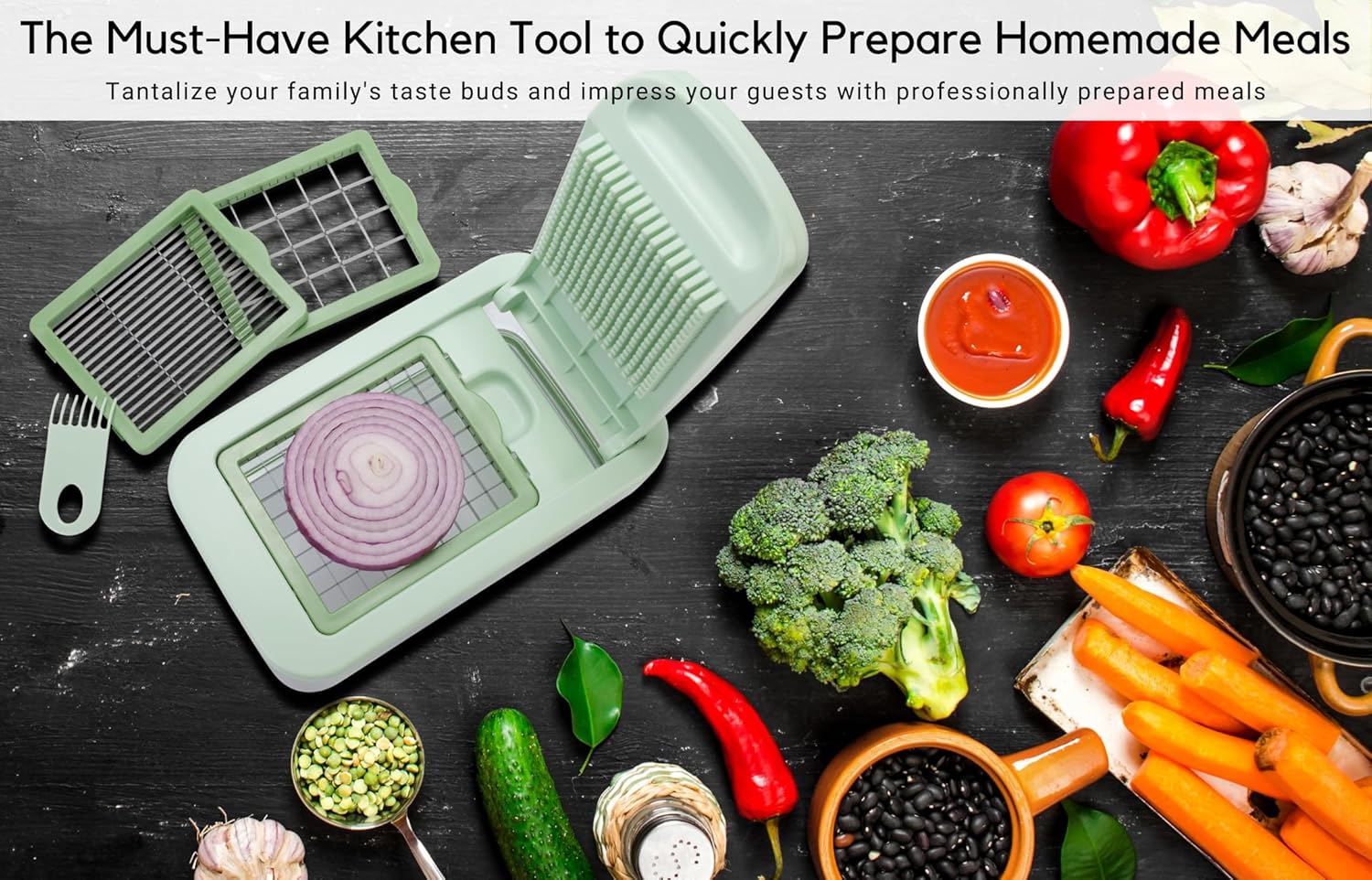 Brieftons QuickPush Food Chopper: Vegetable Dicer Slicer, Onion Cutter, 3 Extra-Large Blades with 200% More Cutting Area to Chop Dice Slice Vegetables, 2.6-Quart Container detail 17