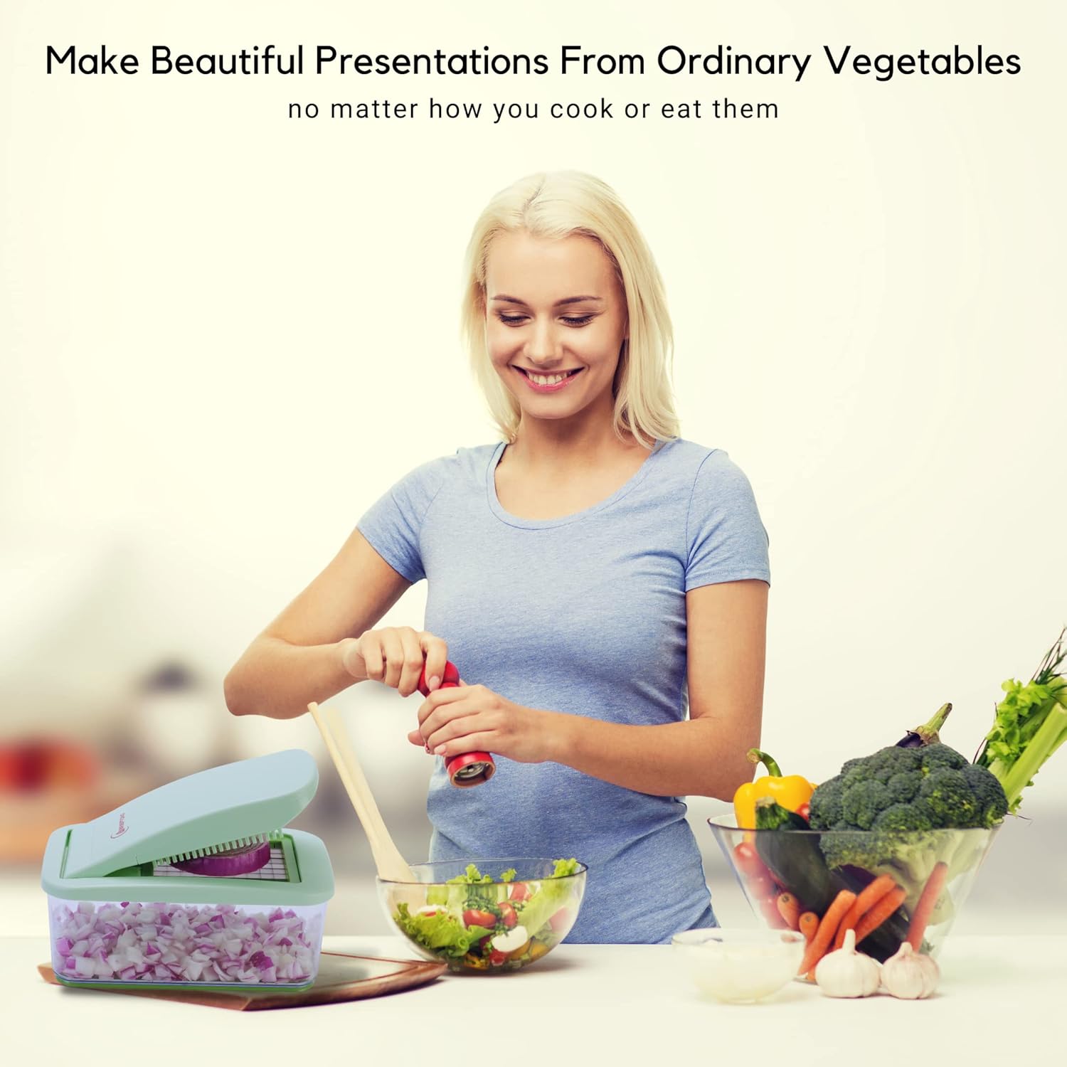 Brieftons QuickPush Food Chopper: Vegetable Dicer Slicer, Onion Cutter, 3 Extra-Large Blades with 200% More Cutting Area to Chop Dice Slice Vegetables, 2.6-Quart Container detail 18